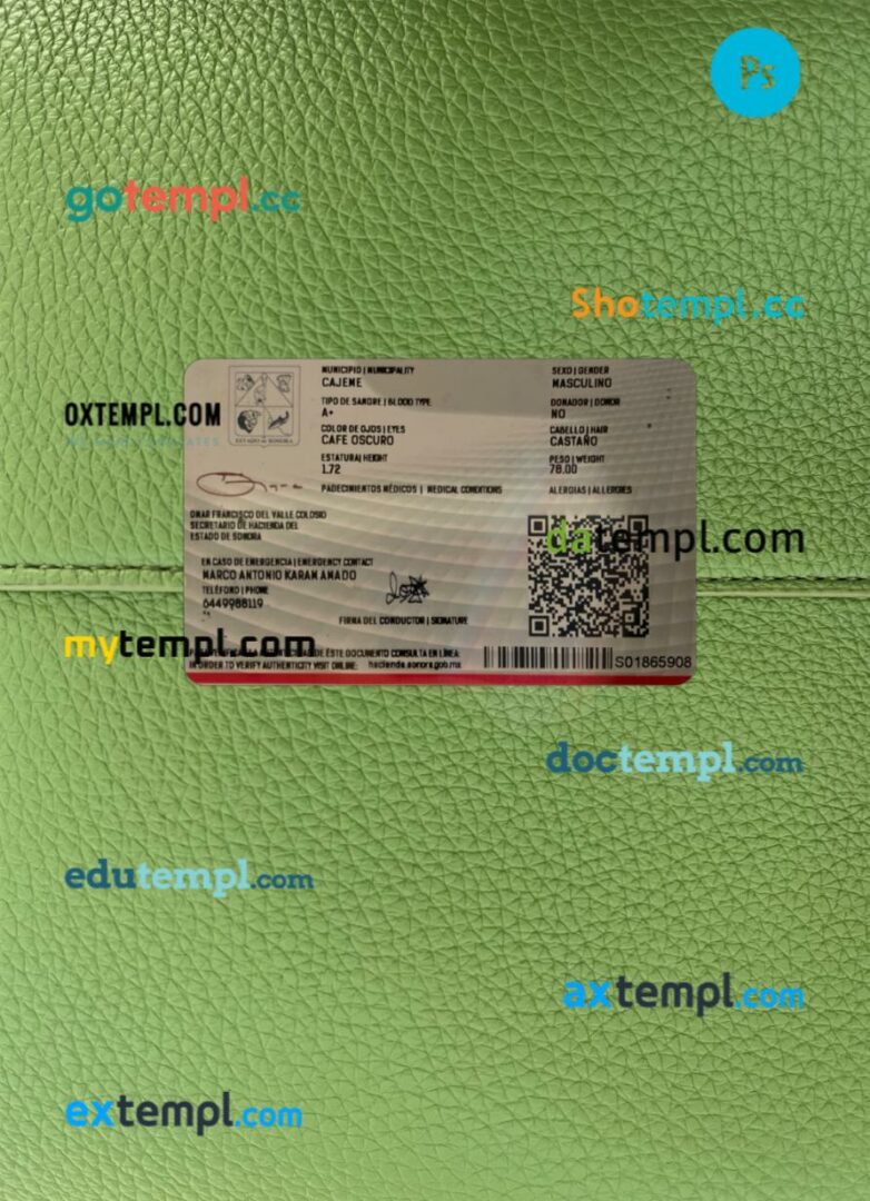 Mexico Sonora state driving license PSD files, scan look and photographed image, 2 in 1 - Image 2