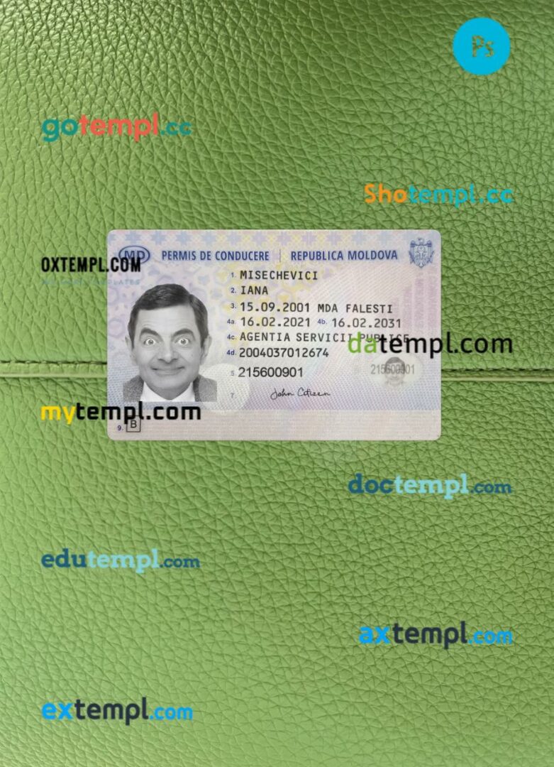 Moldova driving license PSD files, scan look and photographed image, 2 in 1, 2021-present