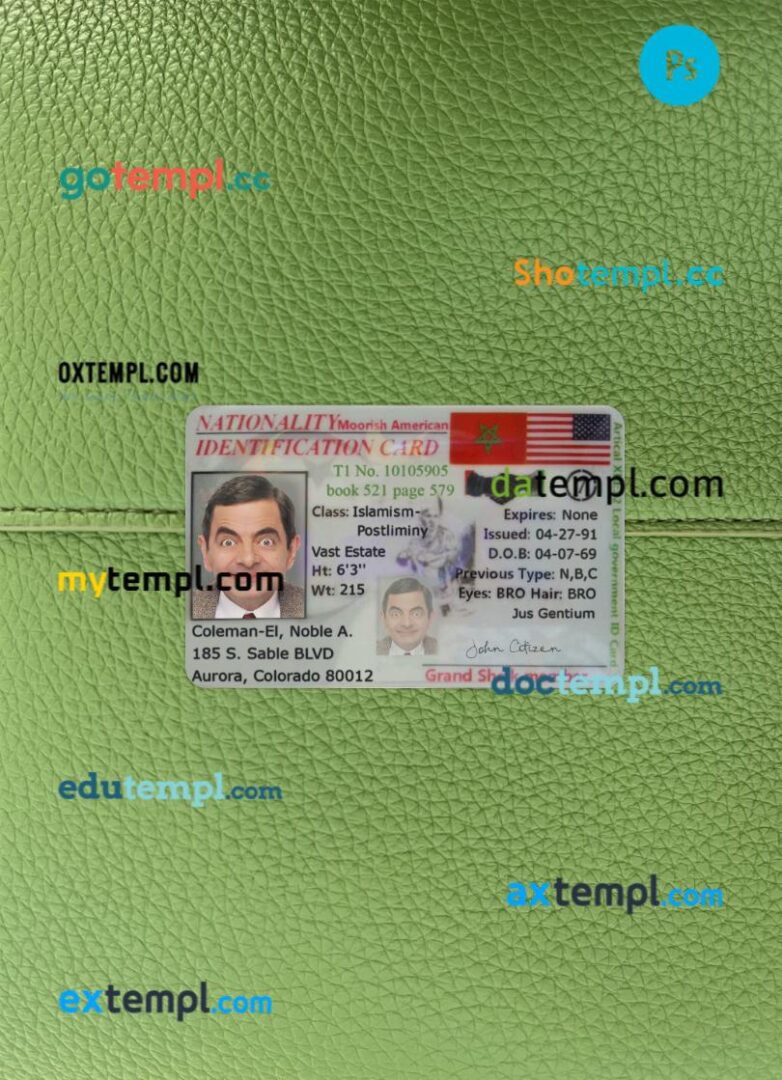 Moorish American identification card editable PSD files, scan look and photo-realistic look, 2 in 1