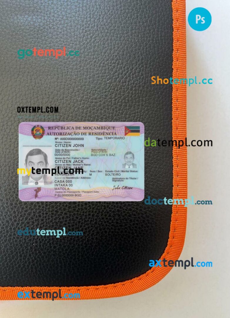 Mozambique residence card editable PSD files, scan look and photo-realistic look, 2 in 1