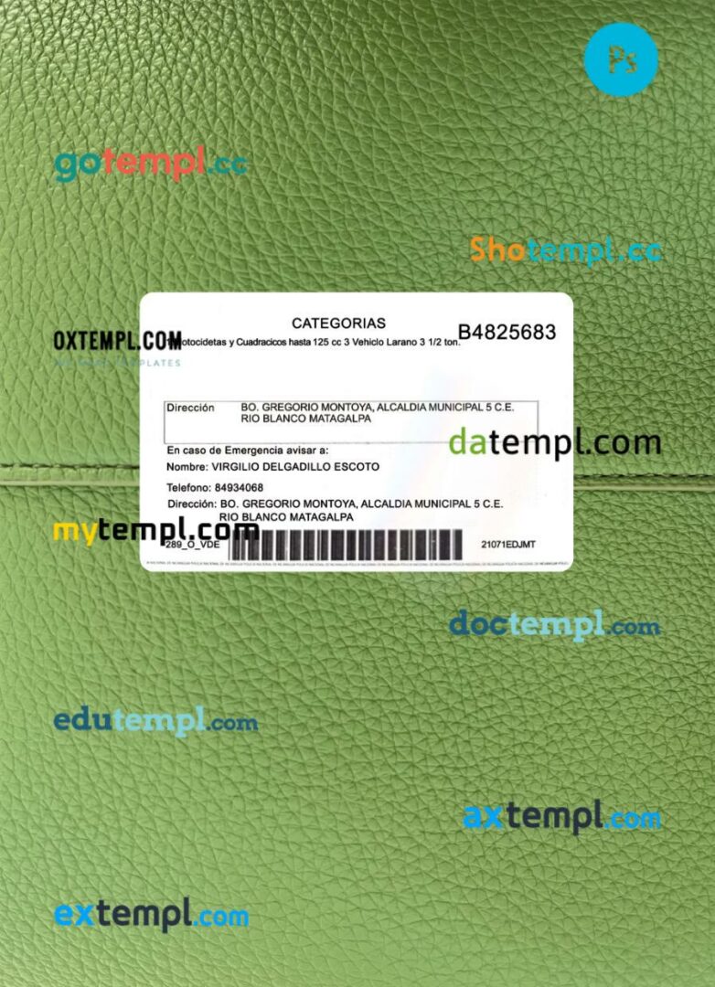 Nicaragua driving license PSD files, scan look and photographed image, 2 in 1, 2019-present - Image 2