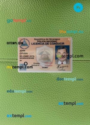 Nicaragua driving license PSD files, scan look and photographed image, 2 in 1, 2019-present