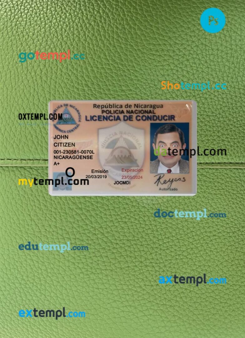 Nicaragua driving license PSD files, scan look and photographed image, 2 in 1, 2019-present