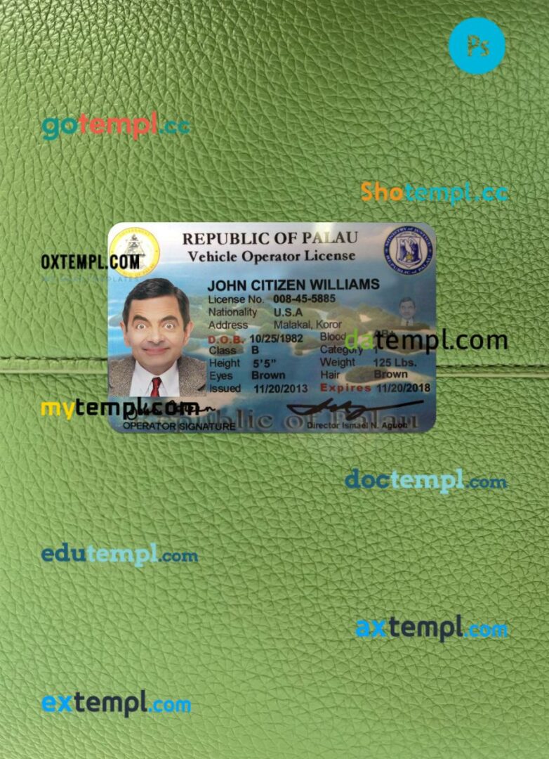 Palau driving license front side PSD files, scan look and photographed image, 2 in 1