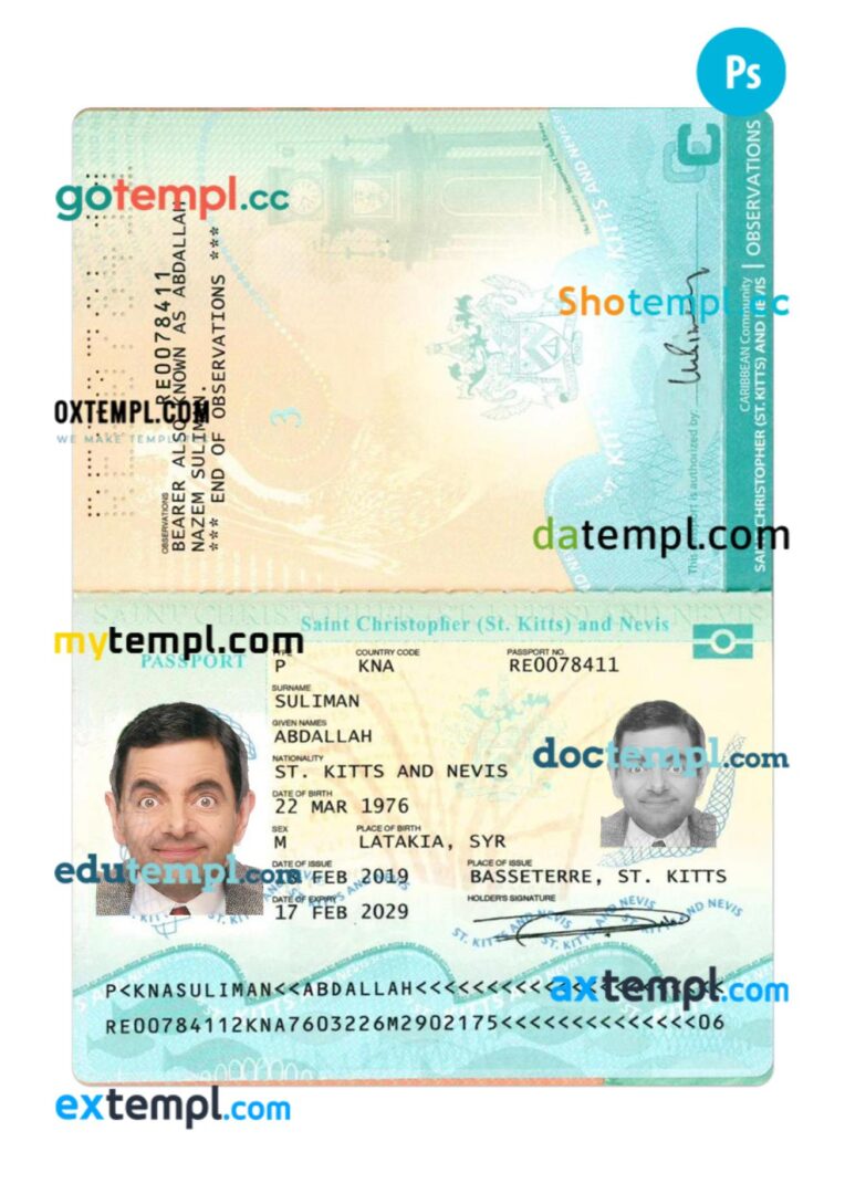 Saint Kitts and Nevis passport PSD template, 2019-present