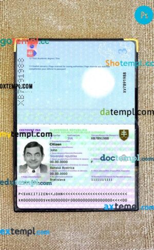Slovakia passport editable PSD files with address page, scan and photo-realistic look, 2014-present