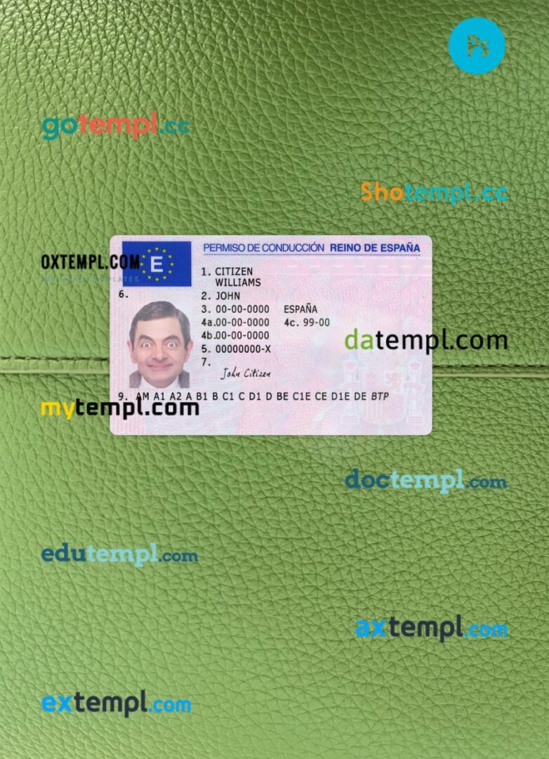 Spain driving license PSD files, scan look and photographed image, 2 in 1, version 2