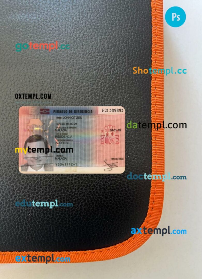 Spain residence permit editable PSD files, scan look and photo-realistic look, 2 in 1, 2019-present
