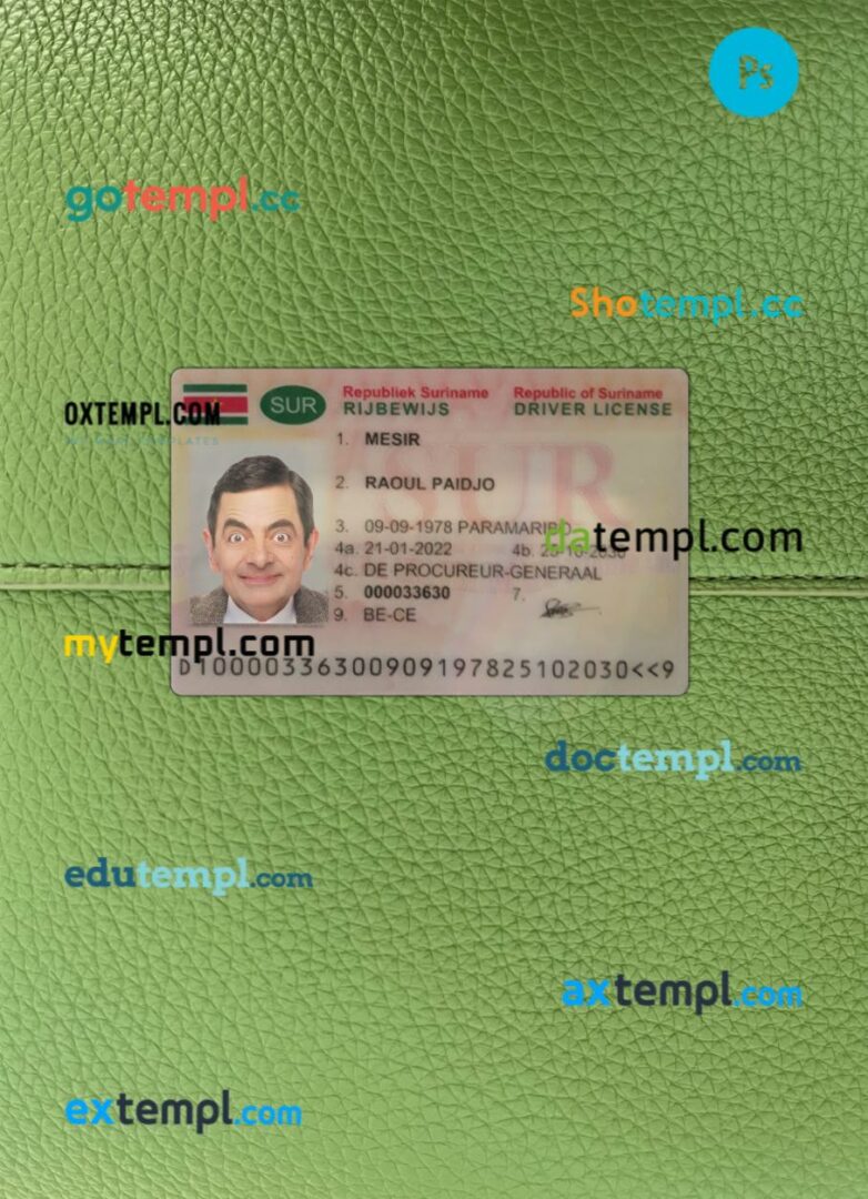 Suriname driving license PSD files, scan look and photographed image, 2 in 1, 2022-present