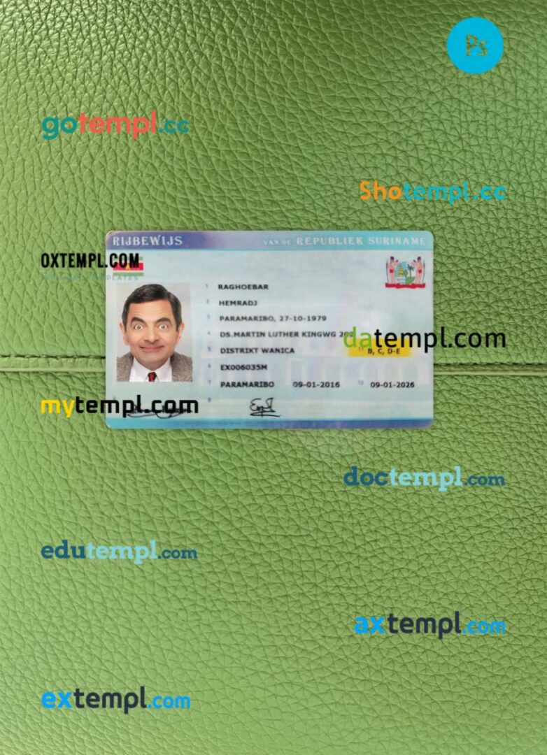 Suriname driving license PSD files, scan look and photographed image, 2 in 1