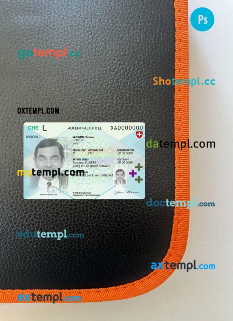 Switzerand residence permit editable PSD files, scan look and photo-realistic look, 2 in 1, 2020-present