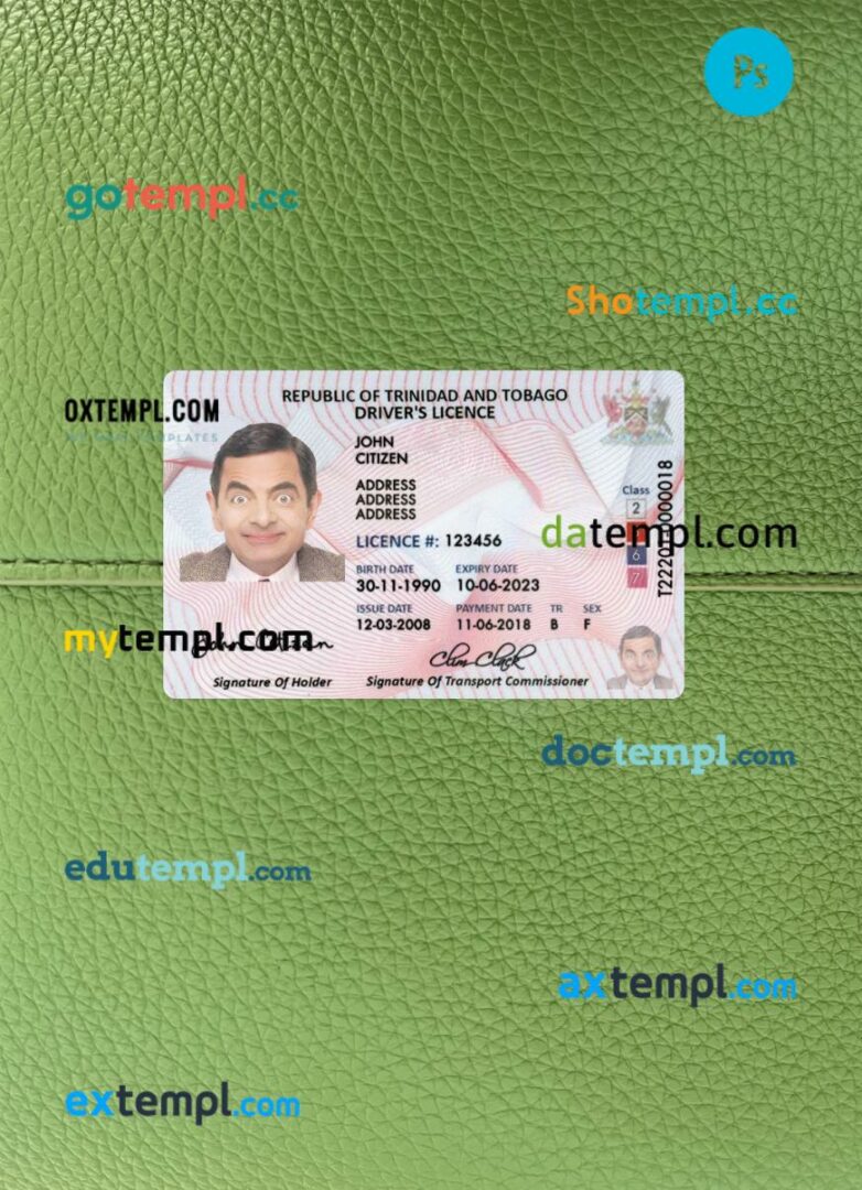 Trinidad and Tobago driving license PSD files, scan look and photographed image, 2 in 1