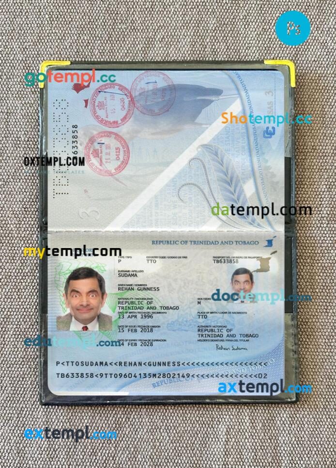 Trinidad and Tobago passport editable PSD files with address page, scan and photo-realistic look, 2018-present