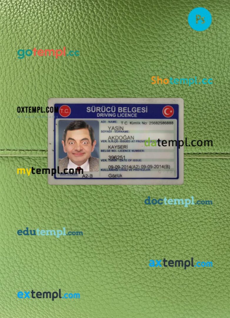 Turkey driving license PSD files, scan look and photographed image, 2 in 1, 2014-present