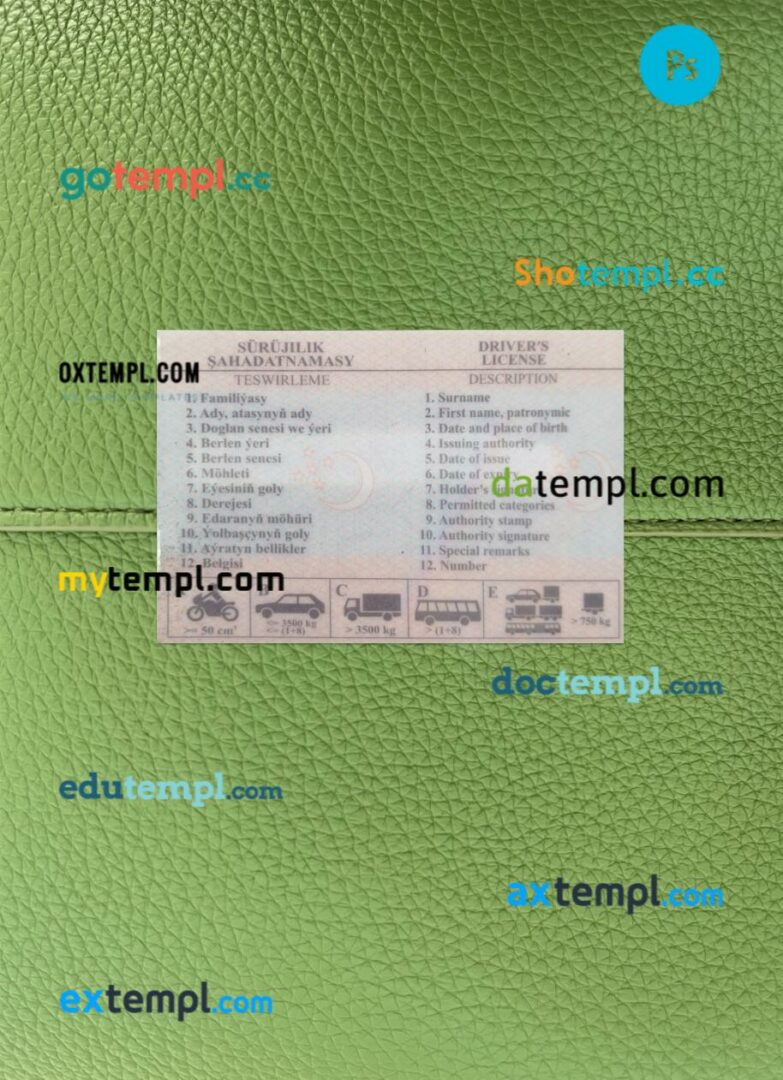Turkmenistan driving license PSD files, scan look and photographed image, 2 in 1 - Image 2