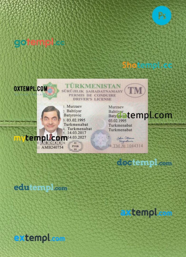 Turkmenistan driving license PSD files, scan look and photographed image, 2 in 1