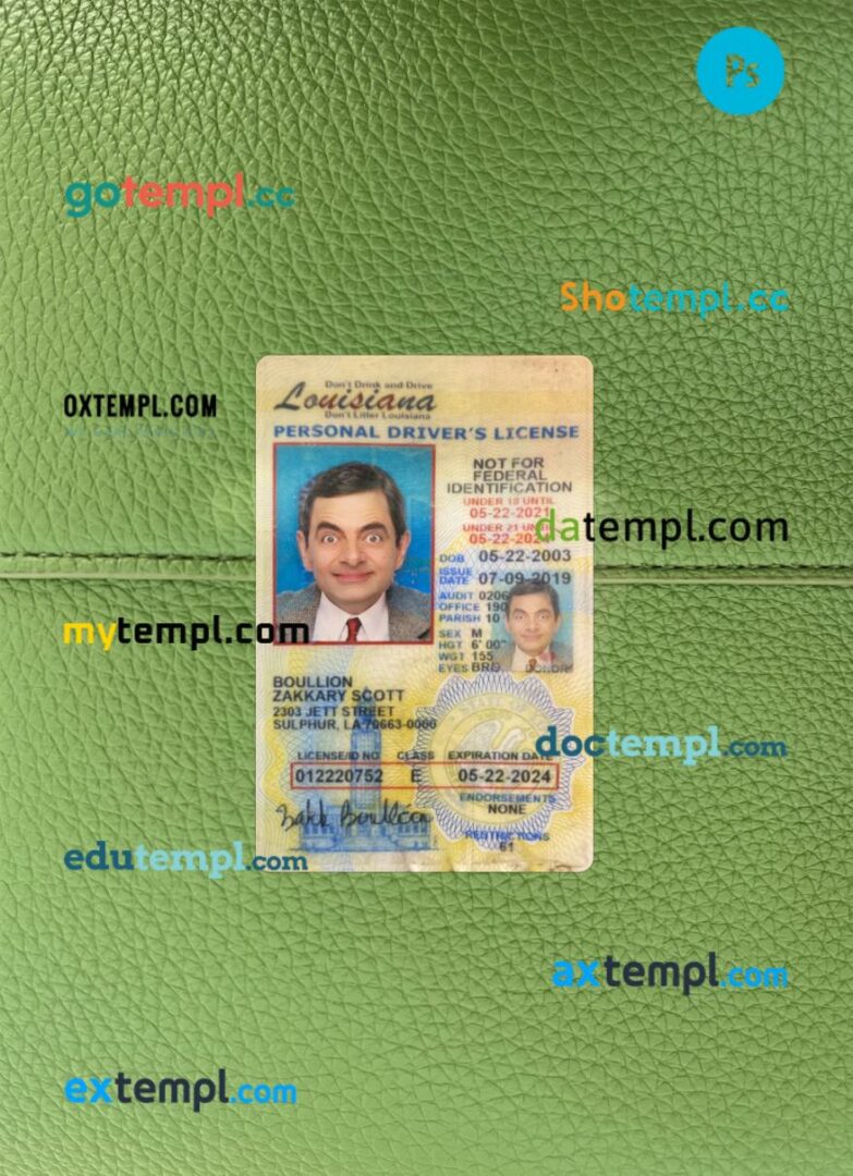 USA Louisiana under 21 driving license PSD files, scan look and photographed image, 2 in 1