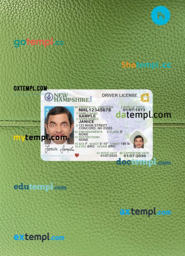 USA New Hampshire driving license PSD files, scan look and photographed image, 2 in 1, 2025-present