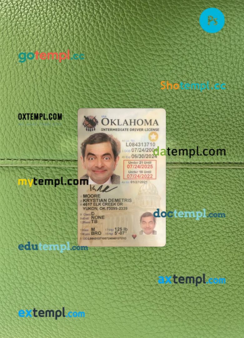 USA Oklahoma under 21 driving license PSD files, scan look and photographed image, 2 in 1