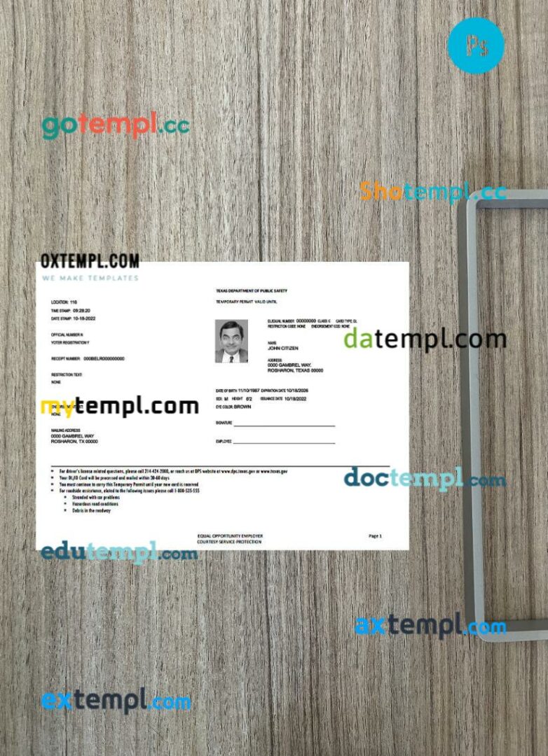 USA Texas driving license temporary permit PSD files, scan look and photographed image, 2 in 1