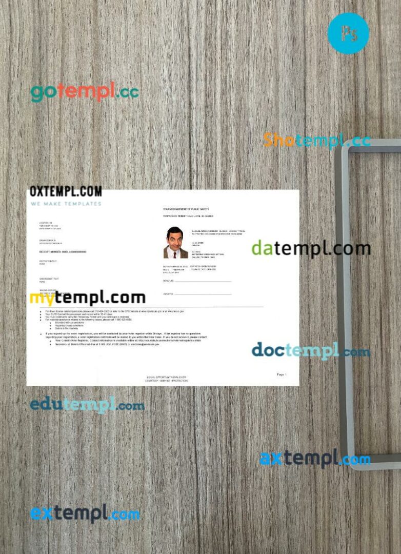 USA Texas temporary driving permit PSD files, scan look and photographed image, 2 in 1