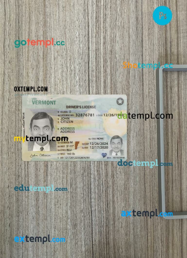 USA Vermont driving license PSD files, scan look and photographed image, 2 in 1, 2020-present