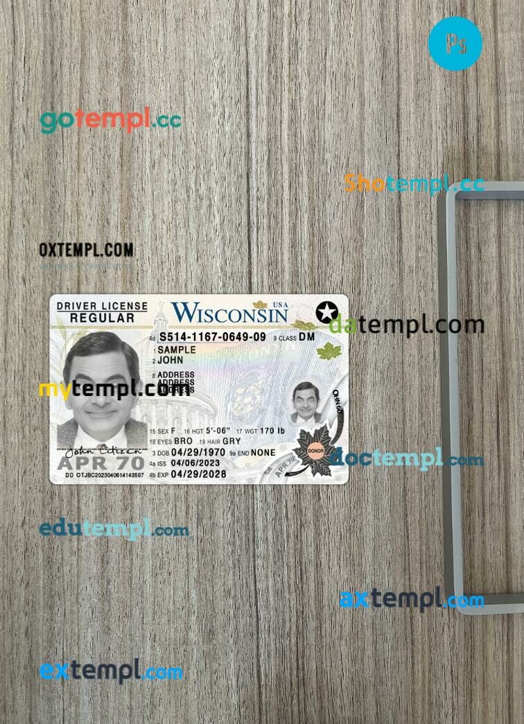USA Wisconsin driving license PSD files, scan look and photographed image, 2 in 1, 2023-present