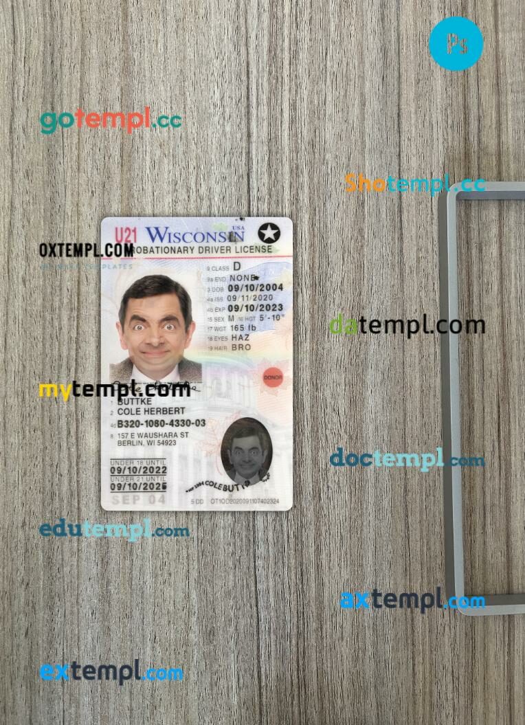 USA Wisconsin driving license PSD files, scan look and photographed image, 2 in 1, 2020-present