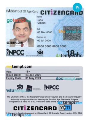 United Kingdom pass proof of age citizen card template in PSD format, version 2
