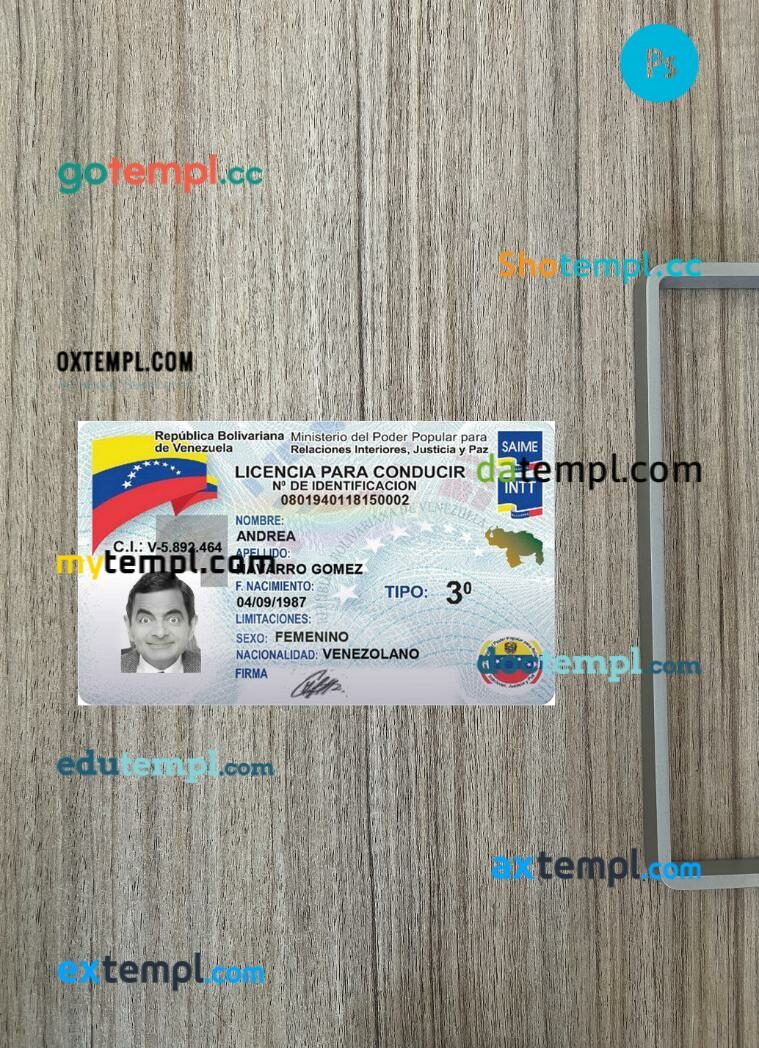 Venezuela driving license PSD files, scan look and photographed image, 2 in 1, 2023-present