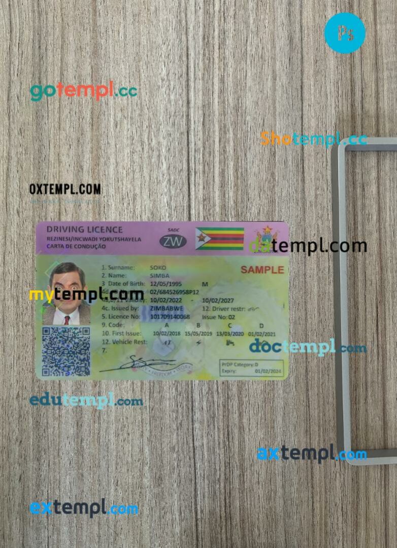 Zimbabwe driving license PSD files, scan look and photographed image, 2 in 1