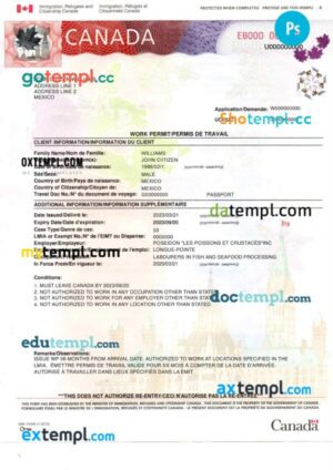 Canada work permit template in PSD format, 2023-present, 2 pages