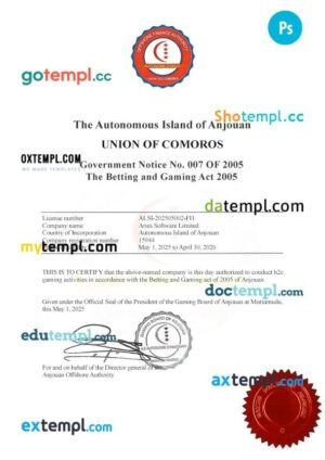 Comoros Gaming License PSD template