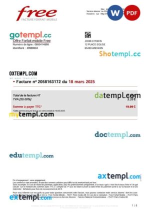 France Free Mobile utility bill template in Word and PDF format