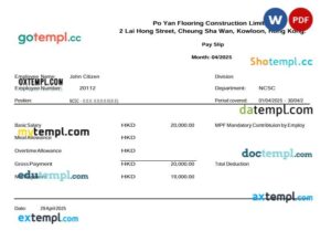 Hong Kong Po Yan Flooring Construction Limited payslip template in Word and PDF formats