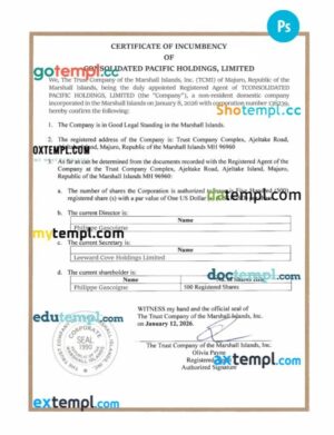 Republic of the Marshall Islands Certificate of company Incumbency PSD template