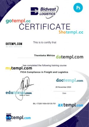 South African Bidvest International Logistics training diploma template in PSD format