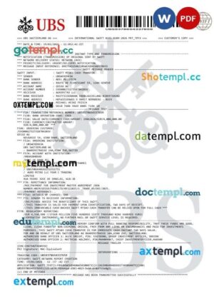 Switzerland UBS Bank SWIFT International wire transfer template in Word and PDF format