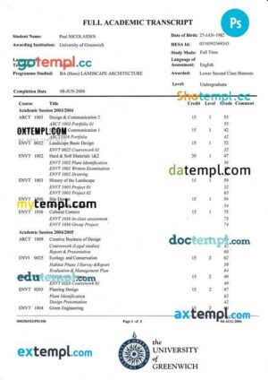 United Kingdom University of Greenwich transcript in PSD format