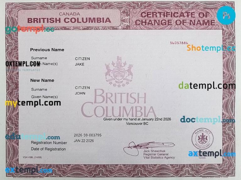 Canada British Columbia certificate of change of name template in PSD format