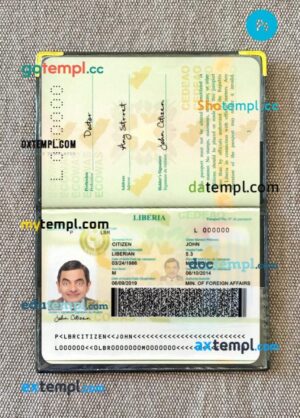 Liberia passport editable PSD files with address page, scan and photo-realistic look, version 2