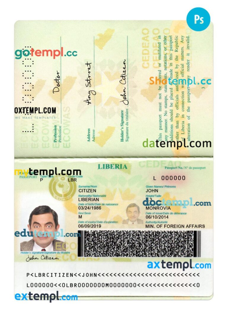 Liberia passport PSD template, version 2