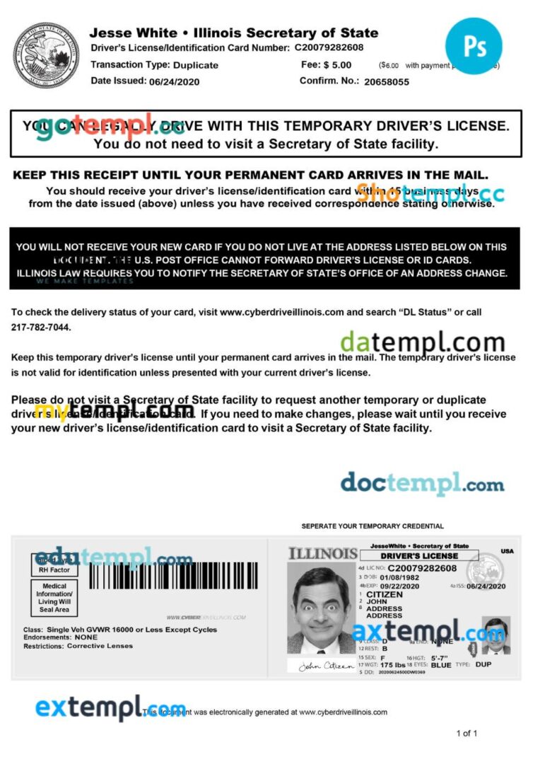 USA Illinois temporary driving license - interim driving permit