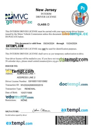 USA New Jersey Department of Motor Vehicles (DMV) - interim driving permit