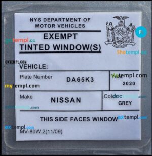 USA New York exempt tinted window permit sticker template in PSD format
