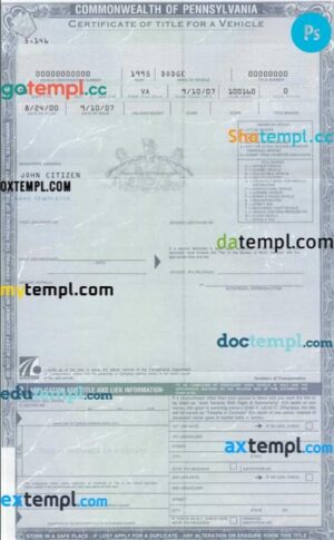 USA Pennsylvania car title certificate version 2 in PSD format