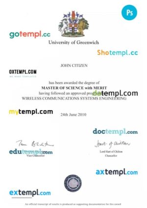 UK University of Greenwich diploma template in PSD format