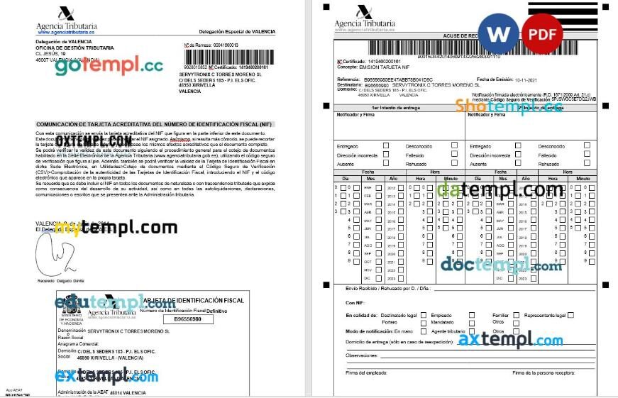 Spain Valencia Agencia Tributaria Comunicación de tarjeta acreditativa template in Word and PDF format