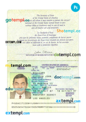 USA passport PSD template, 1987-present