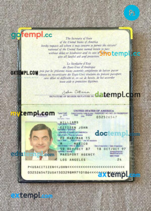 USA passport PSD files with address page, scan and photo-realistic look, 1987-present